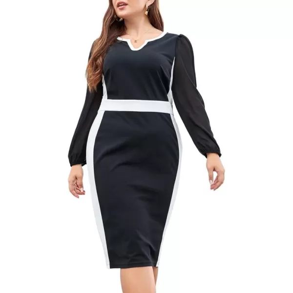 LALAGEN Women Plus Size Bodycon Pencil Midi Work Dress Chiffon Long Sleeve Church Office Business Cocktail Sheath DressesBlack