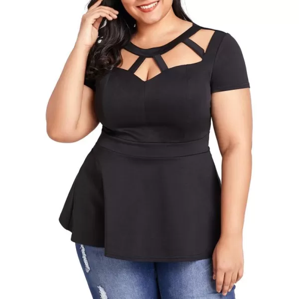 LALAGEN Women Plus Size Short Sleeve Flare Peplum Blouse TopBlack