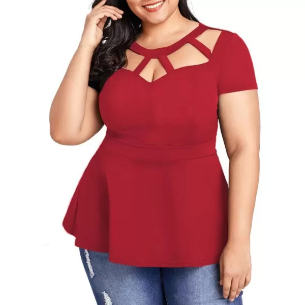 LALAGEN Women Plus Size Short Sleeve Flare Peplum Blouse TopRed