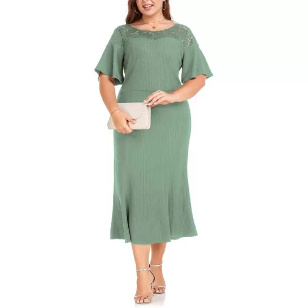 LALAGEN Womens 2024 Plus Size Wedding Guest Midi Dress Lace Patchwork Ruffle Short Sleeve Elegant Flare Cocktail Party DressPea Green