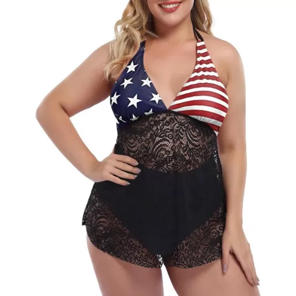 LALAGEN Womens Halter Plus Size Tankini Swimsuit Lace Two Piece Bathing SuitAmerican Flag