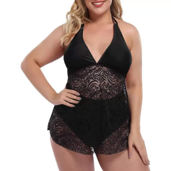 LALAGEN Womens Halter Plus Size Tankini Swimsuit Lace Two Piece Bathing SuitBlack