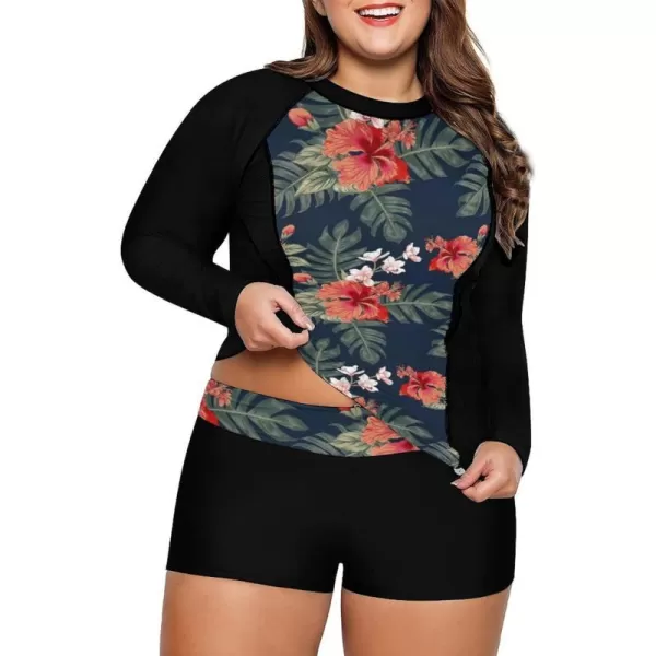 LALAGEN Womens Long Sleeve Sun Protection Rashguard Swimwear Athletic TankiniFloral Navy Black