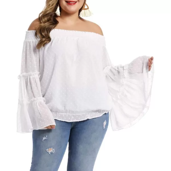 LALAGEN Womens Plus Size Chiffon Off Shoulder Bell Sleeve Loose Shirt Blouse TopWhite