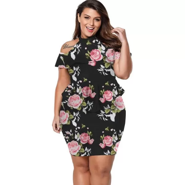 LALAGEN Womens Plus Size Cold Shoulder Peplum Dress Bodycon Party DressFlower Pink Rose