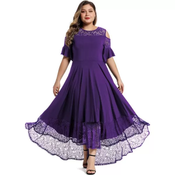 LALAGEN Womens Plus Size Lace Cold Shoulder Casual Long Plain Evening Party Maxi Dress L5XPurple