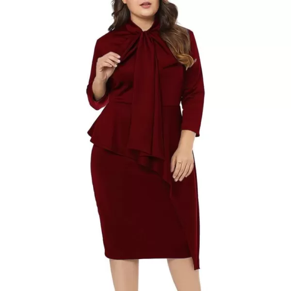 LALAGEN Womens Plus Size Long Sleeve Peplum Tie Neck Bodycon Pencil Midi DressWine