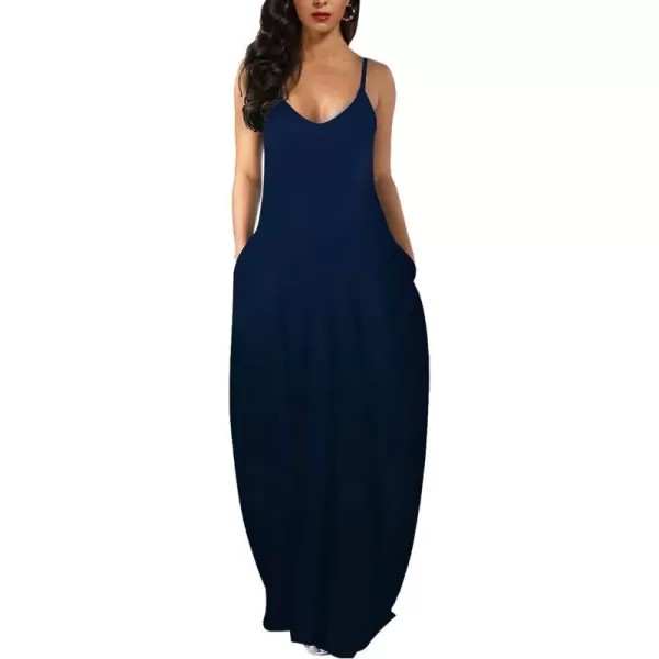 Wolddress Womens 2023 Casual Sleeveless Sundress Plus Size Loose Plain Long Summer Beach Maxi Dress with Pockets S5XNavy