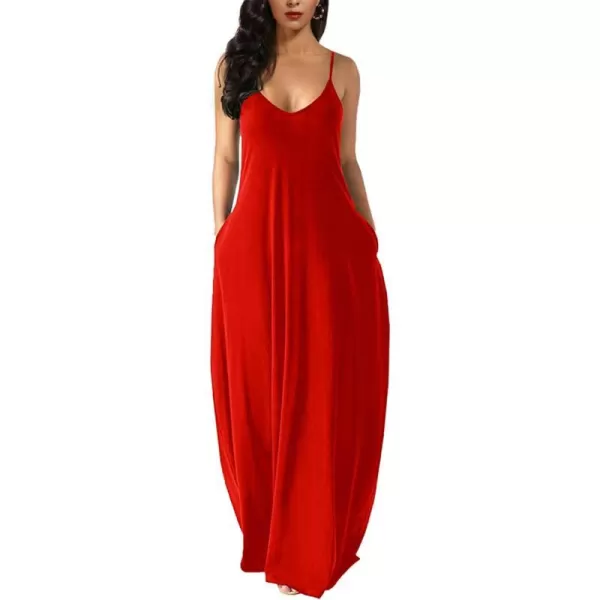 Wolddress Womens 2023 Casual Sleeveless Sundress Plus Size Loose Plain Long Summer Beach Maxi Dress with Pockets S5XRed