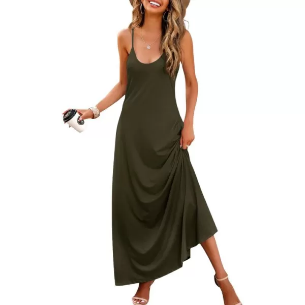 Wolddress Womens 2024 Casual Sleeveless Sundress Plus Size Loose Plain Long Summer Beach Maxi Dress with Pockets S5XArmy Green