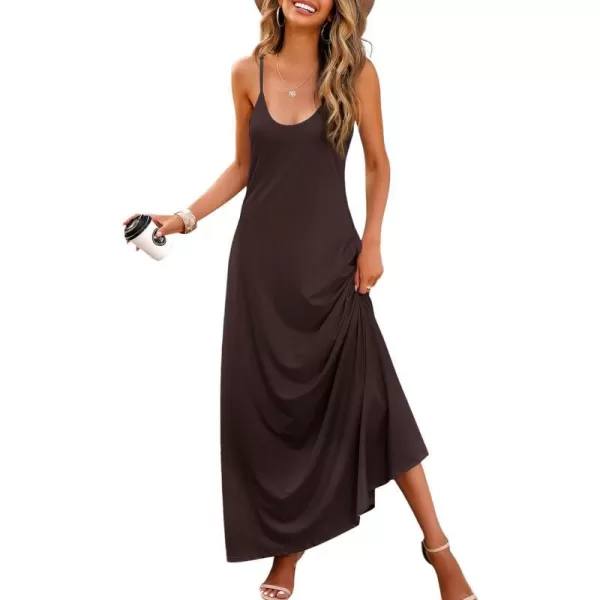 Wolddress Womens 2024 Casual Sleeveless Sundress Plus Size Loose Plain Long Summer Beach Maxi Dress with Pockets S5XDark Brown