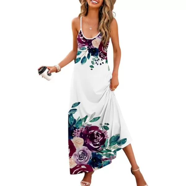 Wolddress Womens 2024 Casual Sleeveless Sundress Plus Size Loose Plain Long Summer Beach Maxi Dress with Pockets S5XFlowers White