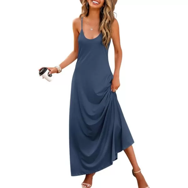 Wolddress Womens 2024 Casual Sleeveless Sundress Plus Size Loose Plain Long Summer Beach Maxi Dress with Pockets S5XGrey Blue