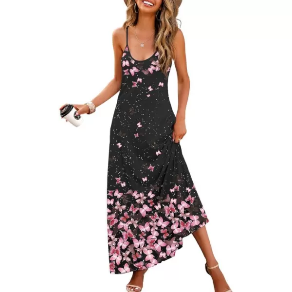 Wolddress Womens 2024 Casual Sleeveless Sundress Plus Size Loose Plain Long Summer Beach Maxi Dress with Pockets S5XPink Floral Black