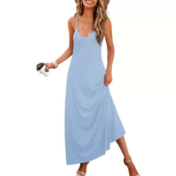 Wolddress Womens 2024 Casual Sleeveless Sundress Plus Size Loose Plain Long Summer Beach Maxi Dress with Pockets S5XPowder Blue