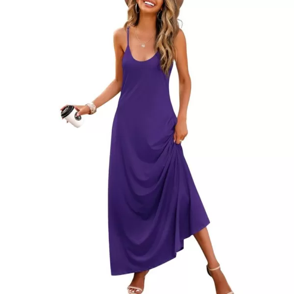 Wolddress Womens 2024 Casual Sleeveless Sundress Plus Size Loose Plain Long Summer Beach Maxi Dress with Pockets S5XPurple