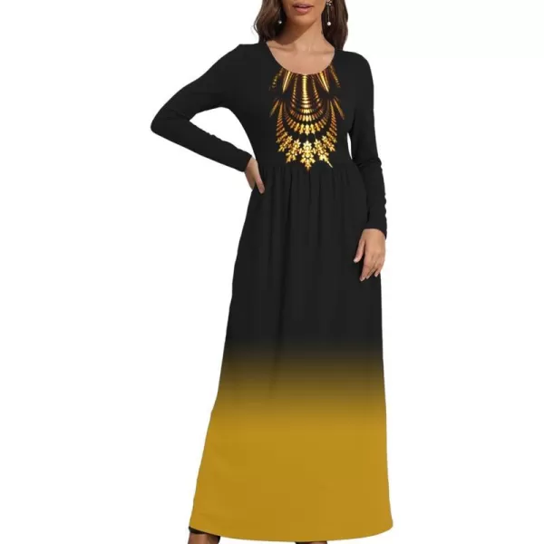 Wolddress Womens Casual Long Sleeve Plus Size Loose Plain Long Maxi Dress with PocketsLong Sleeveexotica Gold