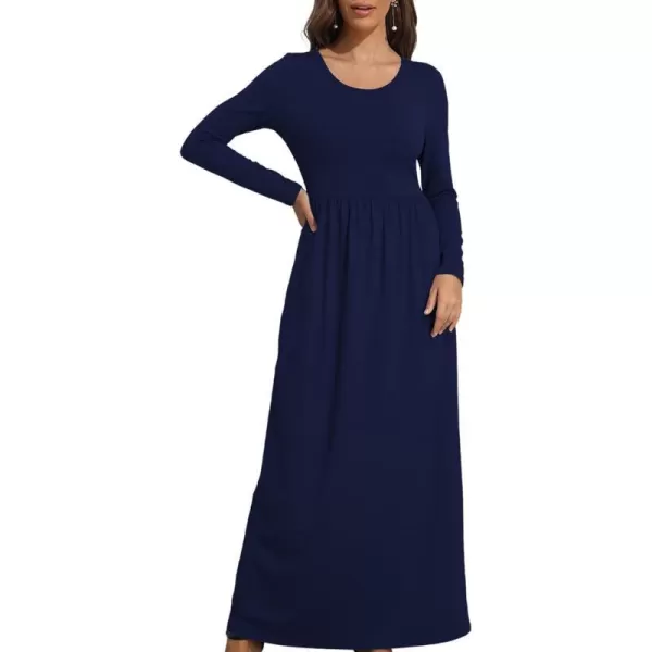 Wolddress Womens Casual Long Sleeve Plus Size Loose Plain Long Maxi Dress with PocketsLong Sleevenavy Blue