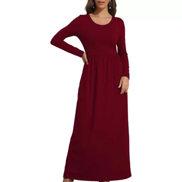 Wolddress Womens Casual Long Sleeve Plus Size Loose Plain Long Maxi Dress with PocketsLong Sleevewine Red