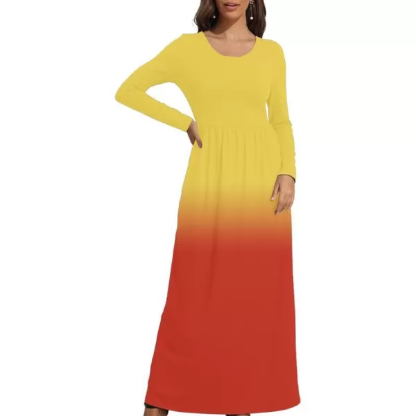 Wolddress Womens Casual Long Sleeve Plus Size Loose Plain Long Maxi Dress with PocketsLong Sleeveyellow Orange