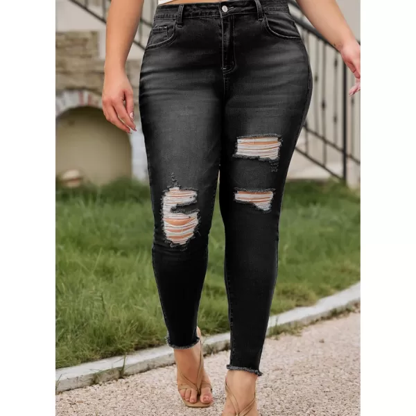 LALAGEN Women 2024 Plus Size Skinny Jeans Stretchy High Waisted Ankle Jean Destroyed Ripped Denim PantsBlack