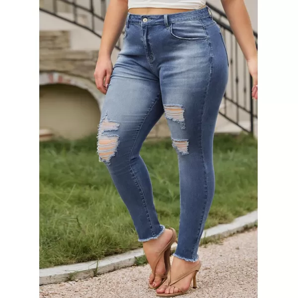 LALAGEN Women 2024 Plus Size Skinny Jeans Stretchy High Waisted Ankle Jean Destroyed Ripped Denim PantsBlue