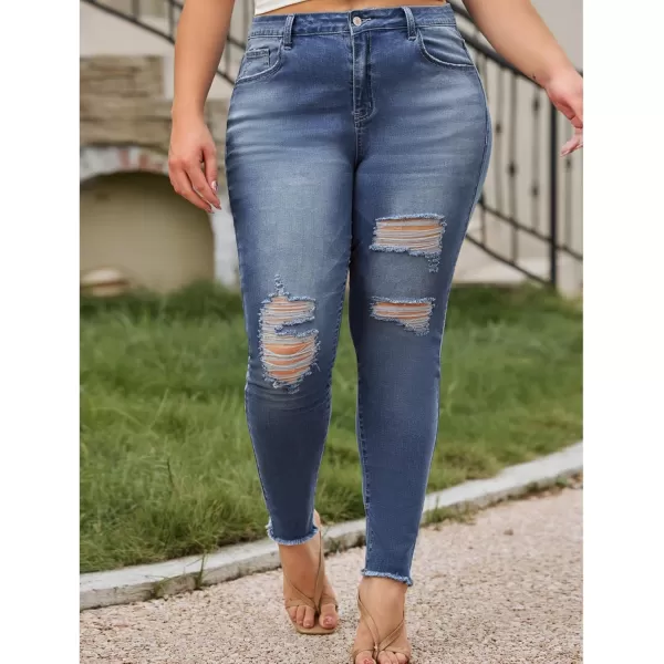 LALAGEN Women 2024 Plus Size Skinny Jeans Stretchy High Waisted Ankle Jean Destroyed Ripped Denim PantsBlue