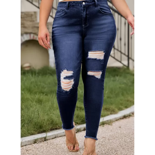 LALAGEN Women 2024 Plus Size Skinny Jeans Stretchy High Waisted Ankle Jean Destroyed Ripped Denim PantsDeep Blue