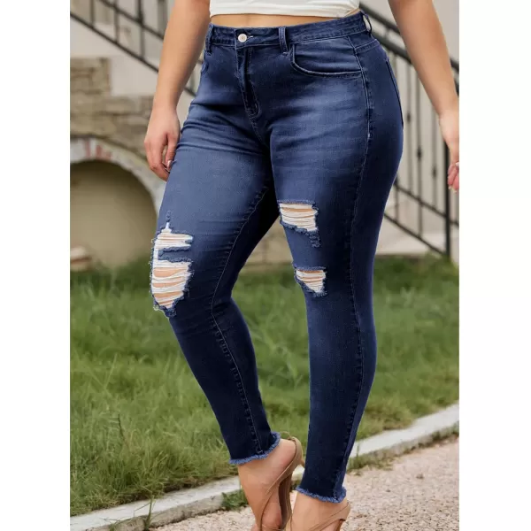 LALAGEN Women 2024 Plus Size Skinny Jeans Stretchy High Waisted Ankle Jean Destroyed Ripped Denim PantsDeep Blue