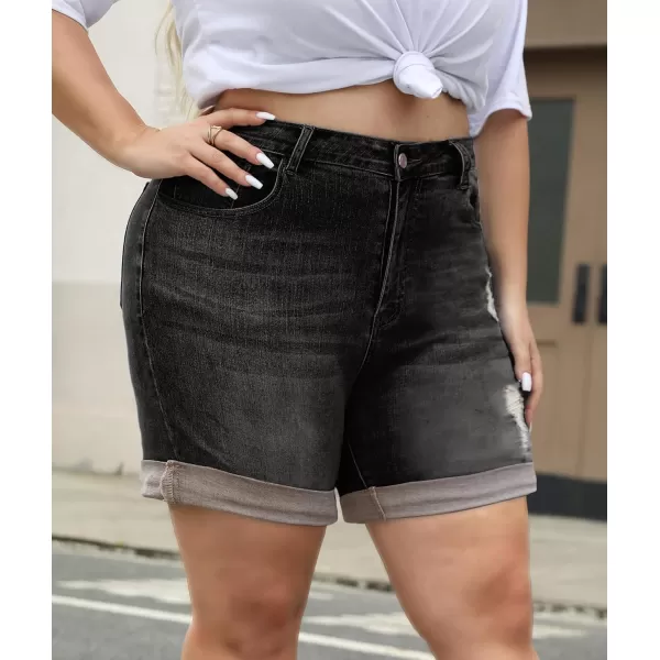 LALAGEN Women Plus Size Jean Shorts Stretchy High Waisted Distressed Ripped Denim Shorts Trendy Summer Casual JortsBlack