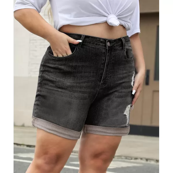 LALAGEN Women Plus Size Jean Shorts Stretchy High Waisted Distressed Ripped Denim Shorts Trendy Summer Casual JortsBlack