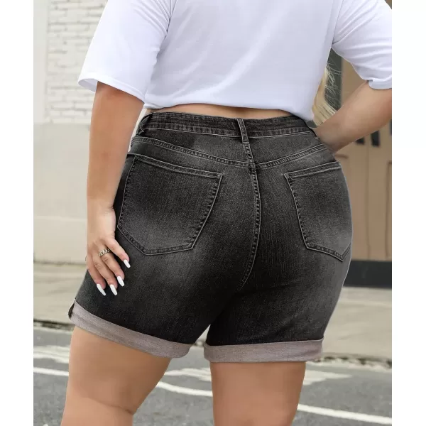 LALAGEN Women Plus Size Jean Shorts Stretchy High Waisted Distressed Ripped Denim Shorts Trendy Summer Casual JortsBlack