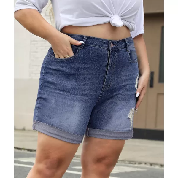 LALAGEN Women Plus Size Jean Shorts Stretchy High Waisted Distressed Ripped Denim Shorts Trendy Summer Casual JortsBlue