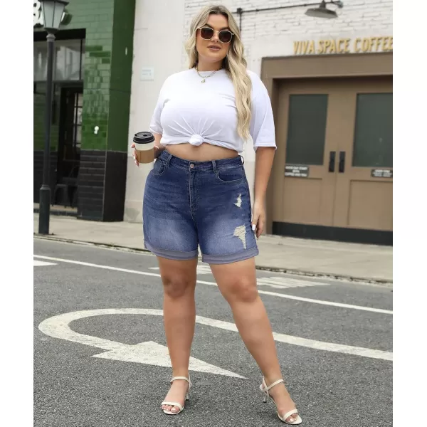 LALAGEN Women Plus Size Jean Shorts Stretchy High Waisted Distressed Ripped Denim Shorts Trendy Summer Casual JortsBlue