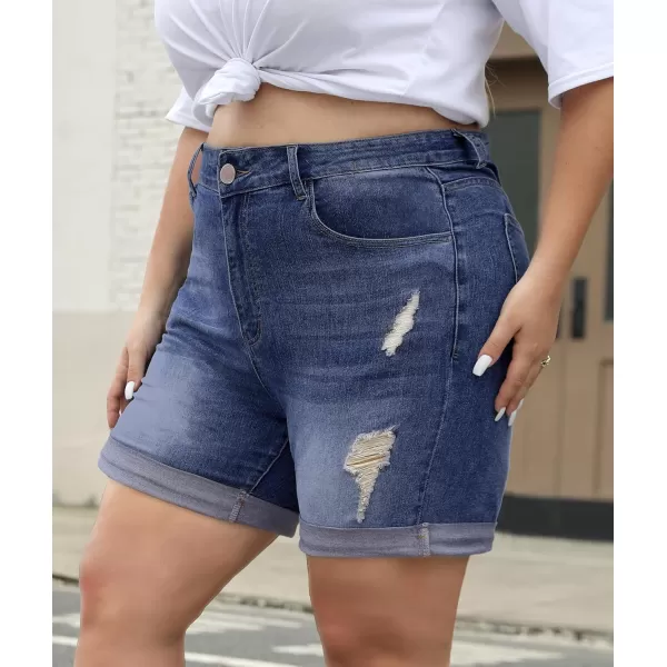 LALAGEN Women Plus Size Jean Shorts Stretchy High Waisted Distressed Ripped Denim Shorts Trendy Summer Casual JortsBlue