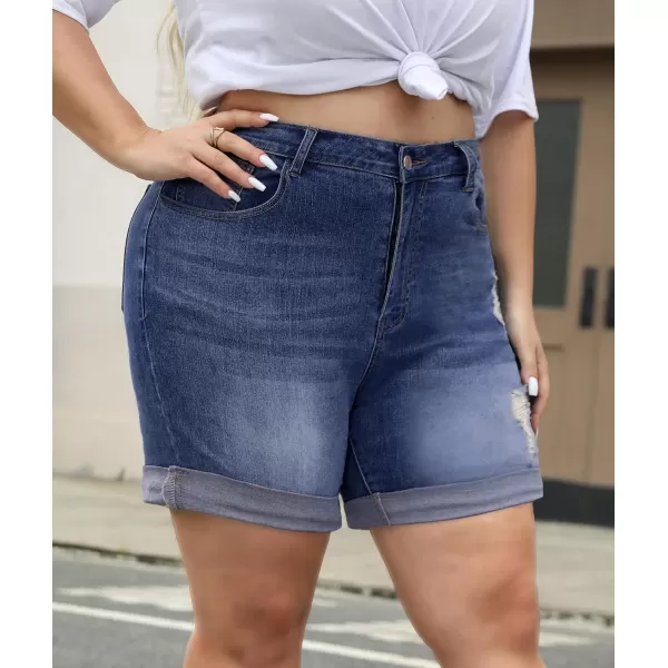 LALAGEN Women Plus Size Jean Shorts Stretchy High Waisted Distressed Ripped Denim Shorts Trendy Summer Casual JortsBlue