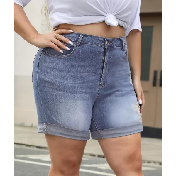 LALAGEN Women Plus Size Jean Shorts Stretchy High Waisted Distressed Ripped Denim Shorts Trendy Summer Casual JortsLight Blue