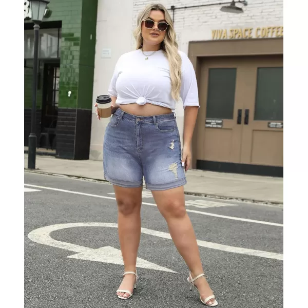 LALAGEN Women Plus Size Jean Shorts Stretchy High Waisted Distressed Ripped Denim Shorts Trendy Summer Casual JortsLight Blue