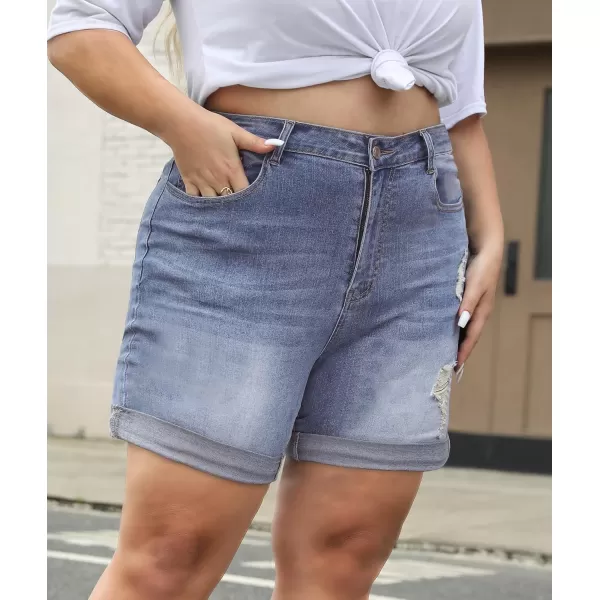 LALAGEN Women Plus Size Jean Shorts Stretchy High Waisted Distressed Ripped Denim Shorts Trendy Summer Casual JortsLight Blue