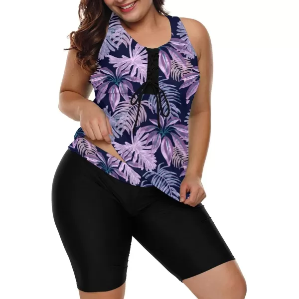 LALAGEN Womens 2024 Plus Size Tankini Swimsuit Rash Guard Capris Athletic Two Piece Swimwear Bathing Suits for Women S5XZpurple Leaves