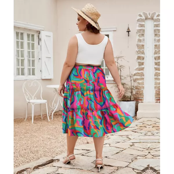 LALAGEN Womens Plus Size Boho Midi Skirt Elastic High Waist Summer Flowy A Line Long Midi Skirt with PocketsAbstract Print