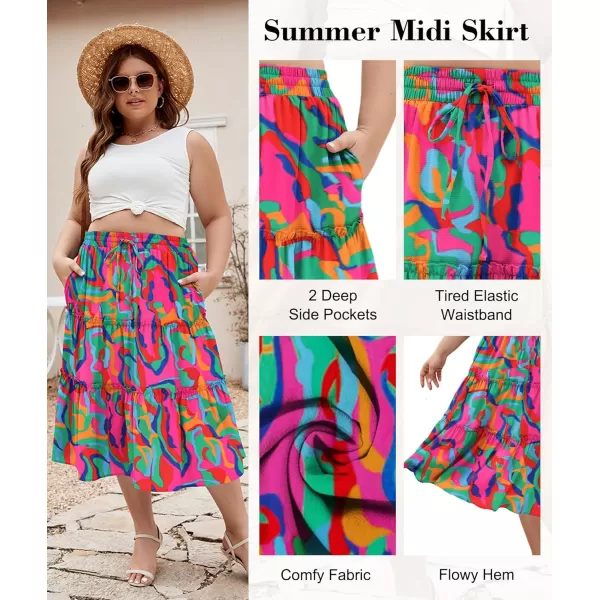 LALAGEN Womens Plus Size Boho Midi Skirt Elastic High Waist Summer Flowy A Line Long Midi Skirt with PocketsAbstract Print
