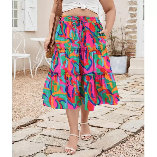 LALAGEN Womens Plus Size Boho Midi Skirt Elastic High Waist Summer Flowy A Line Long Midi Skirt with PocketsAbstract Print