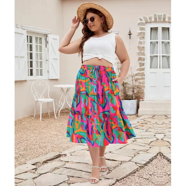 LALAGEN Womens Plus Size Boho Midi Skirt Elastic High Waist Summer Flowy A Line Long Midi Skirt with PocketsAbstract Print