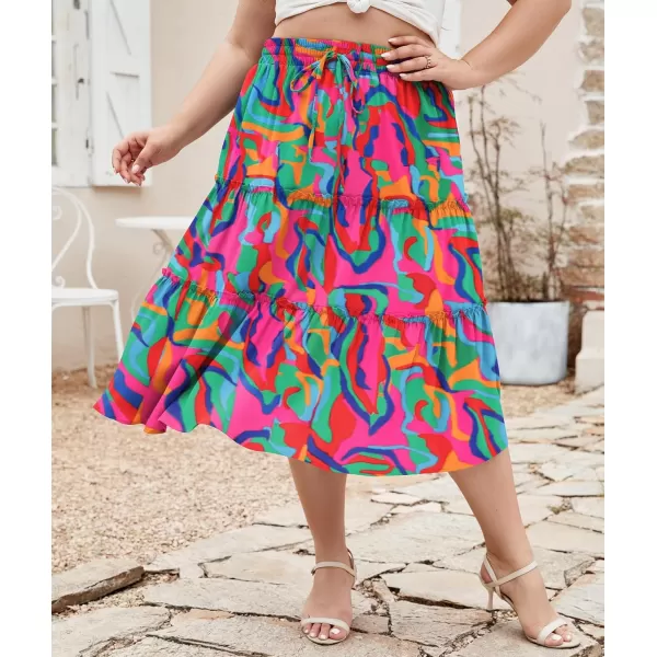 LALAGEN Womens Plus Size Boho Midi Skirt Elastic High Waist Summer Flowy A Line Long Midi Skirt with PocketsAbstract Print