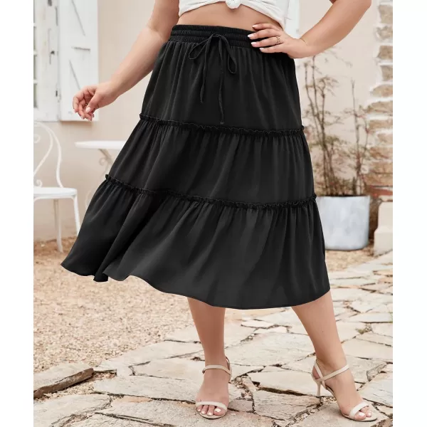 LALAGEN Womens Plus Size Boho Midi Skirt Elastic High Waist Summer Flowy A Line Long Midi Skirt with PocketsBlack