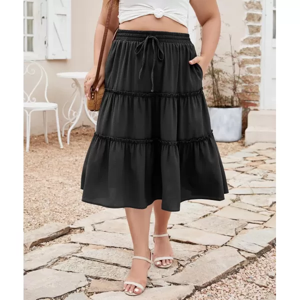 LALAGEN Womens Plus Size Boho Midi Skirt Elastic High Waist Summer Flowy A Line Long Midi Skirt with PocketsBlack