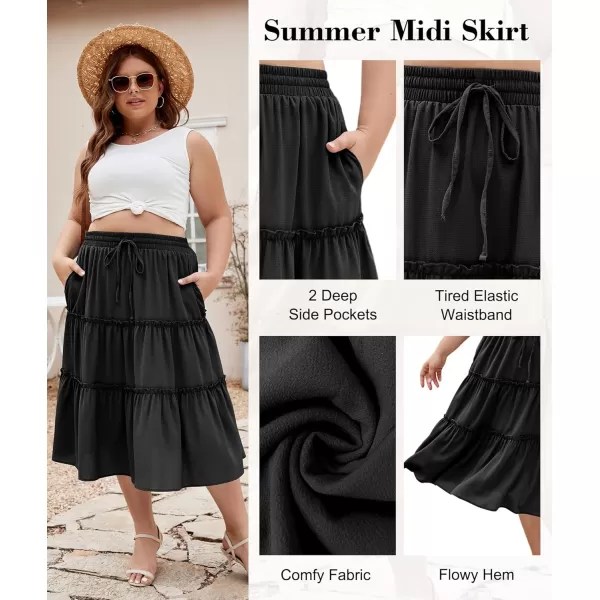 LALAGEN Womens Plus Size Boho Midi Skirt Elastic High Waist Summer Flowy A Line Long Midi Skirt with PocketsBlack