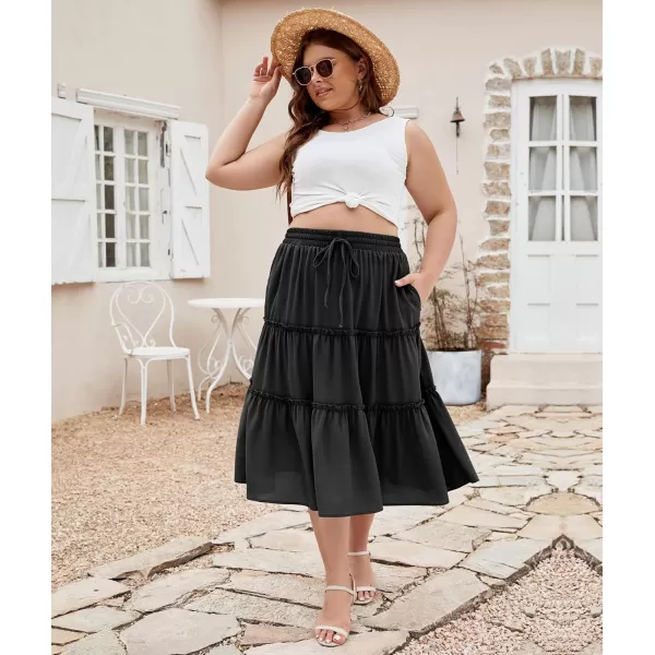 LALAGEN Womens Plus Size Boho Midi Skirt Elastic High Waist Summer Flowy A Line Long Midi Skirt with PocketsBlack