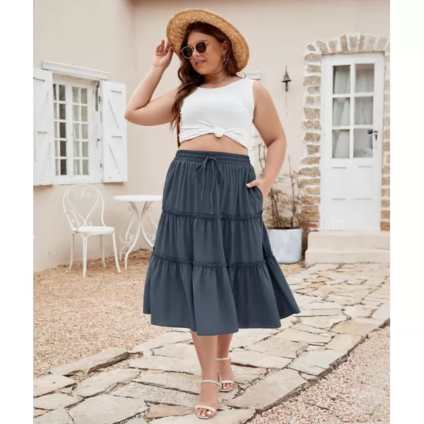 LALAGEN Womens Plus Size Boho Midi Skirt Elastic High Waist Summer Flowy A Line Long Midi Skirt with PocketsBlue